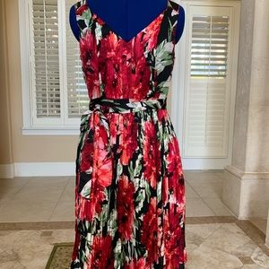 WHBM Red Rose Floral Print Pleated Band Belted Fit Flare Cocktail Dress